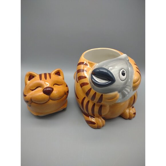 10" Orange Tabby Smiling Cat Holding Fish Ceramic Cookie Jar & Box, CKAO China - Picture 7 of 17